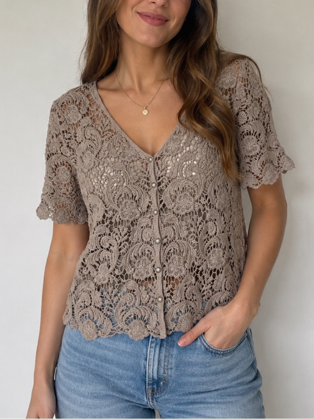 Taupe Crochet Lace Button Front Top Boho Floral Sheer Short Sleeve